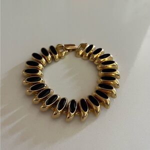 Vintage 80s Erwin Pearl black enamel gold tone link bracelet